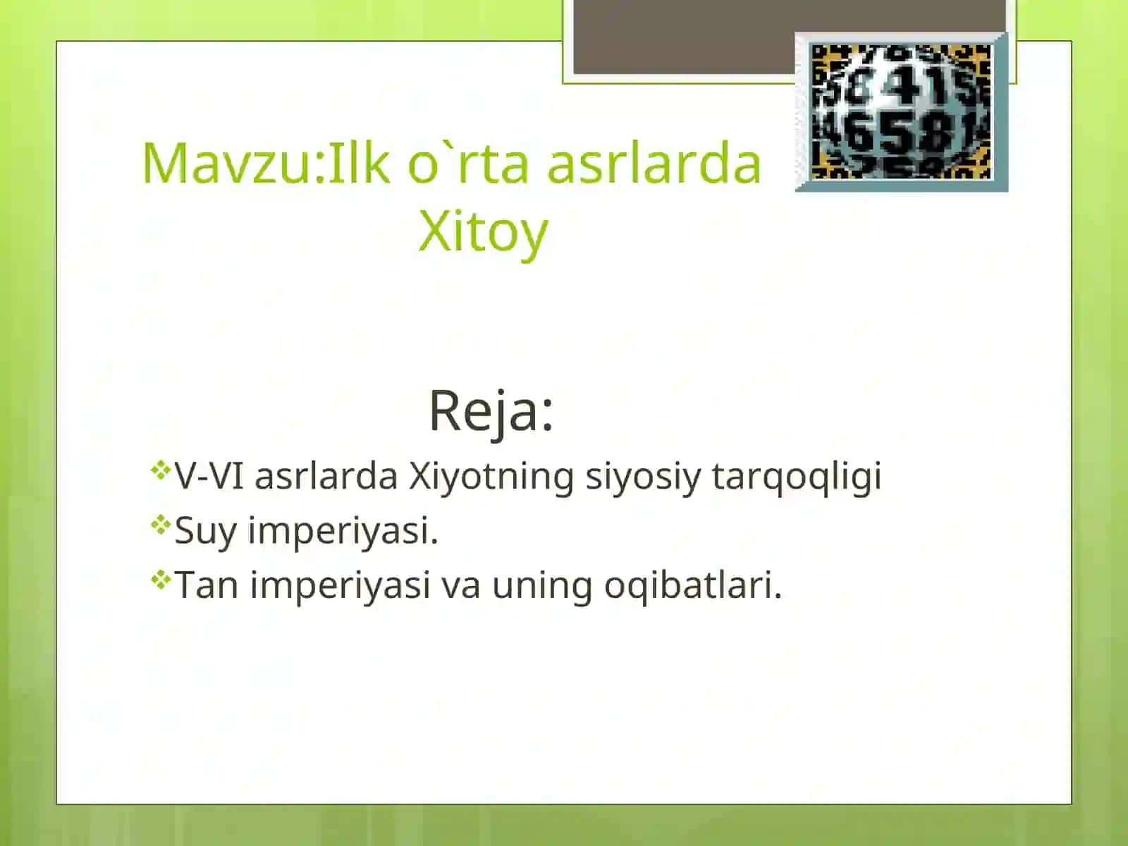Nav.D.P.I tarix fakulteti tarix o`qitish metodikasi yo`nalishi2-”A” guruh talabasi Amontoshev Qodirning o`rta asrlar tarixi fanidan tayyorlagan 2