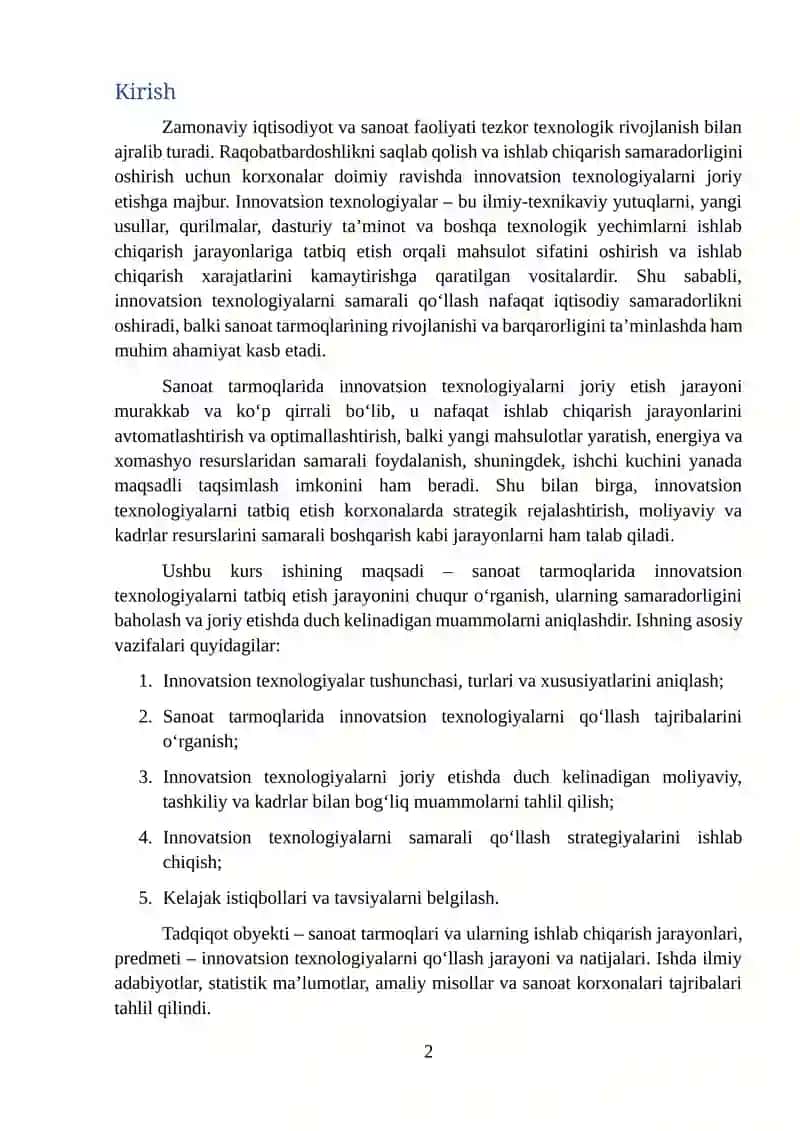 Innovatsion texnologiyalarni sanoat tarmoqlariga joriy etish 2