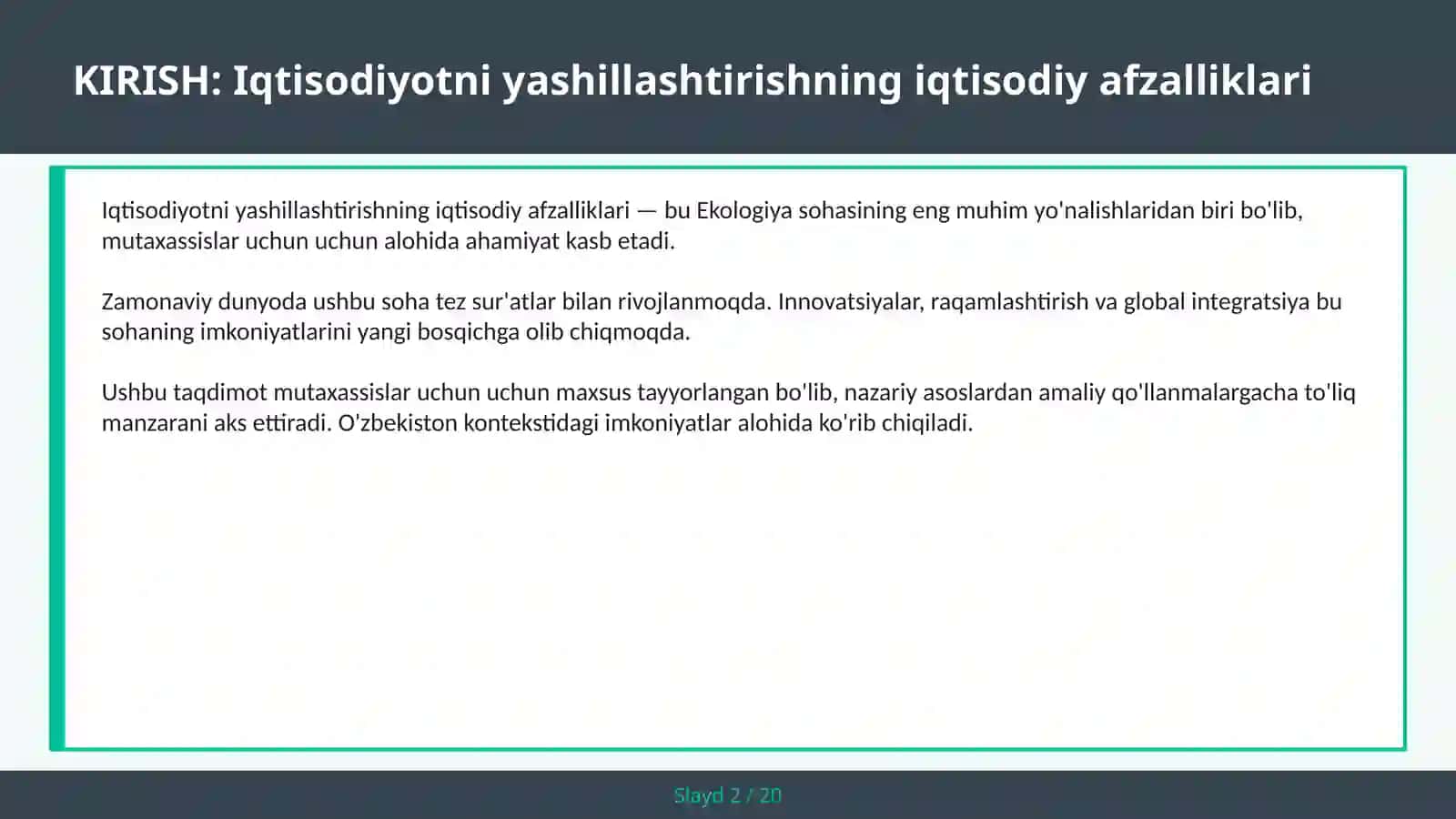 IQTISODIYOTNI YASHILLASHTIRISHNING IQTISODIY AFZALLIKLARI 2
