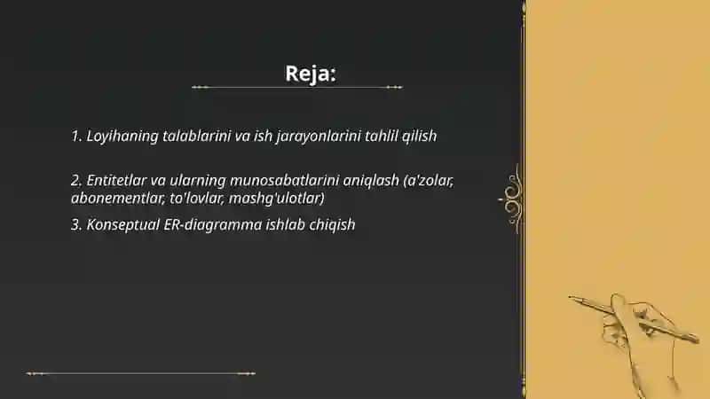 Sport klub a’zolari uchun abonement hisobini yurituvchi ma’lumotlar bazasini ishlab chiqish 2