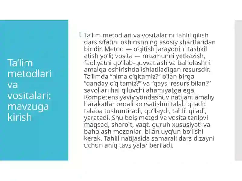 Ta'lim metodlari va vositalari: mavzuga kirish 2