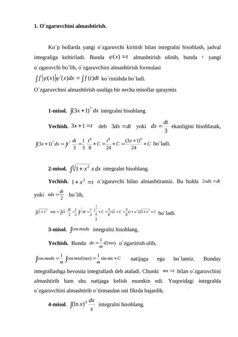 Aniqmas intеgralda o`zgaruvchini almashtirish 2