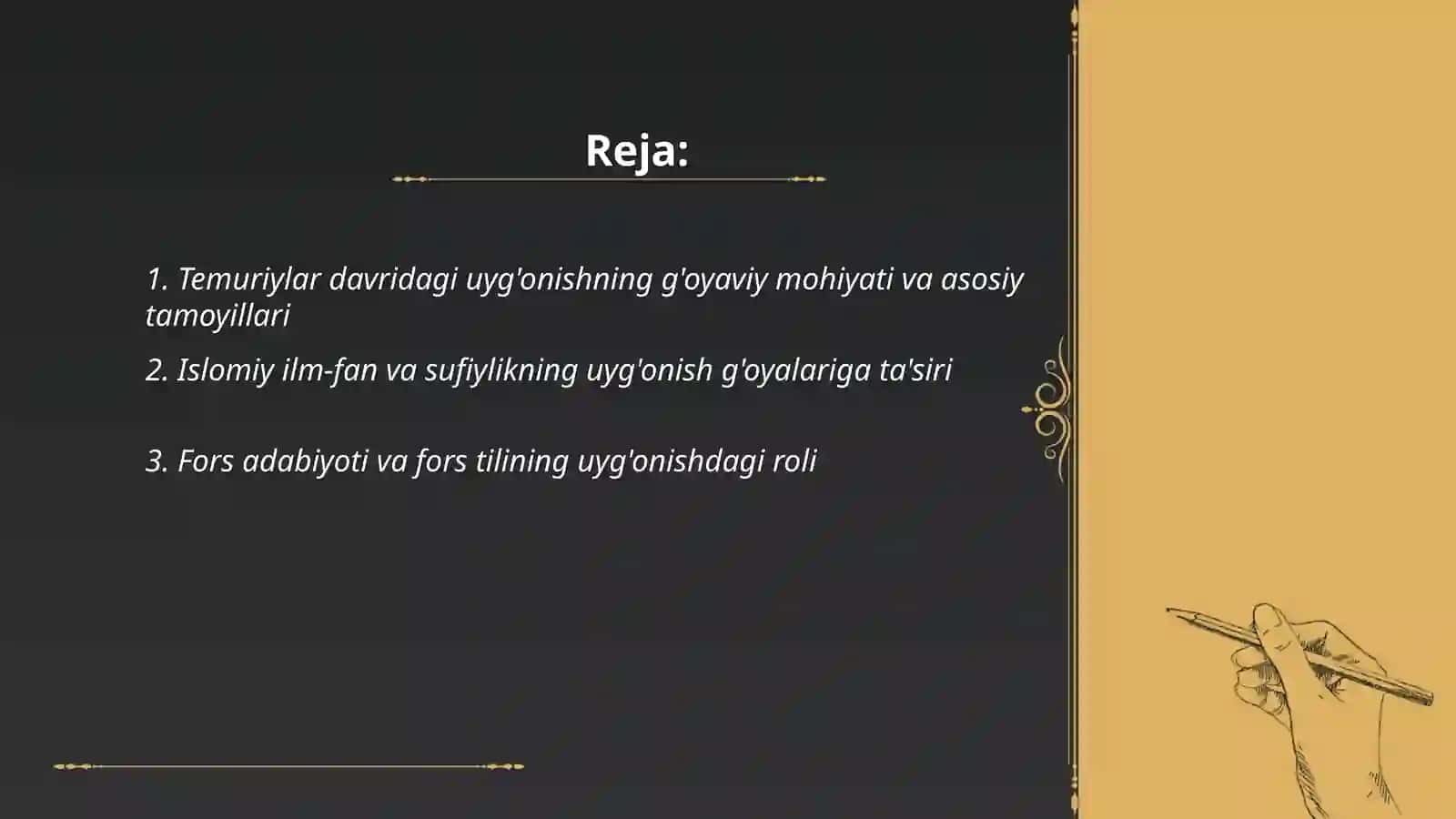 Temuriylar davridagi uyg'onishning g'oyaviy omilari va temuriyzodalarning talim tarbiyaga qushgan hissasi 2
