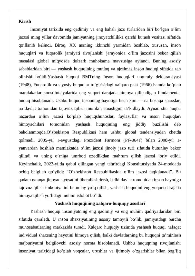 O’lim jazosini bekor qilish yashash huquqini ta’minlashning vositasi sifatida 2