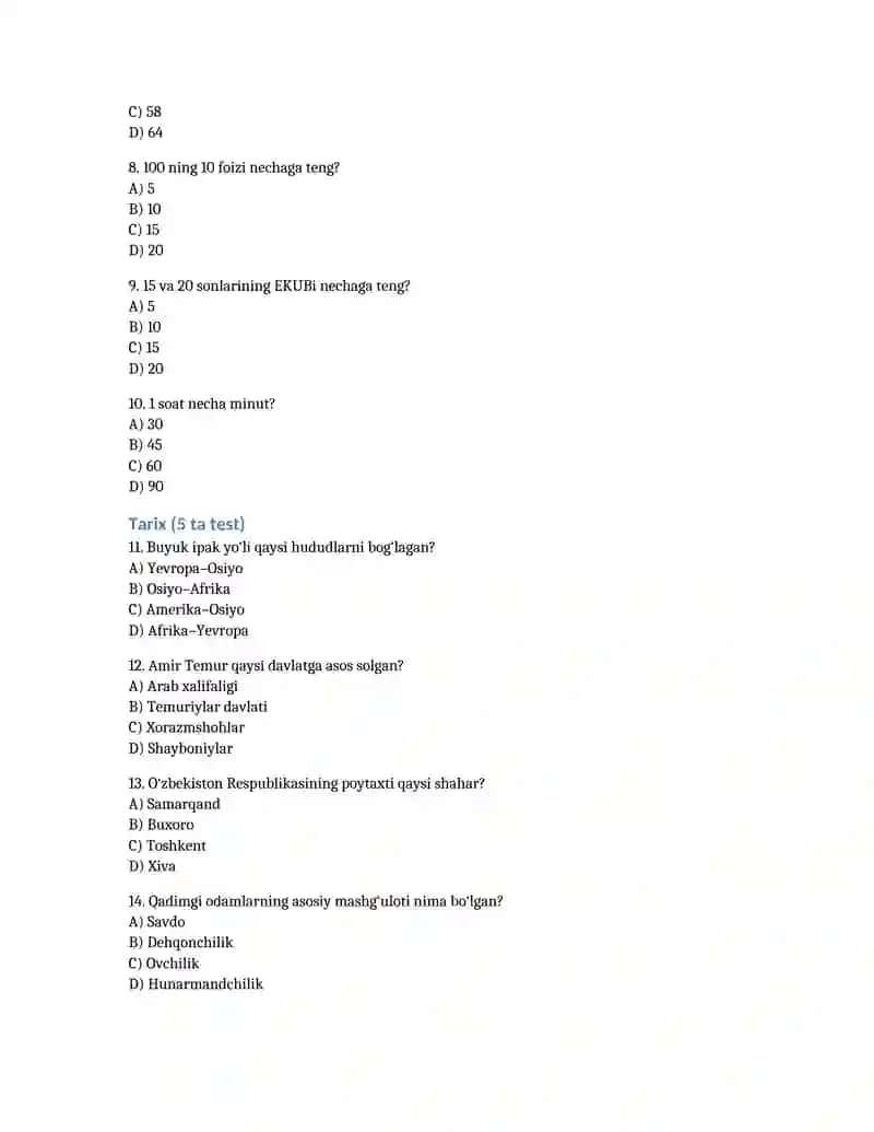 DTM majburiy 3 fan (ona tili, matematika, tarix) bo‘yicha 15 talik test Word faylda 2-namuna. 2