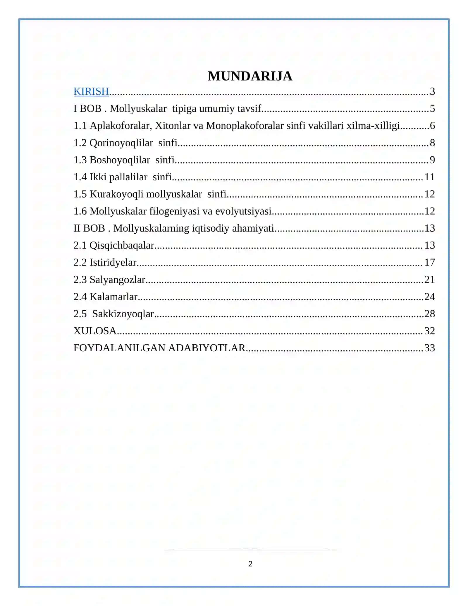 Mavzu: Ovlanadigan mollyuskalar, asosiy turlarining iqtisodiy ahamiyati 2