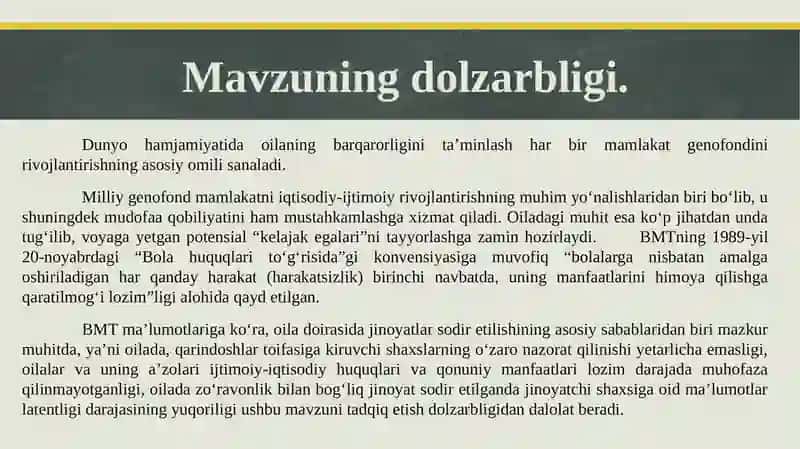"OILADAGI ZO'RAVONLIKNI BARTARAF ETISHDA IJTIMOIY XODIMNING O'RNI" 2