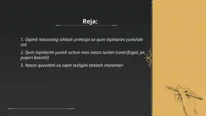Qum tiqinlarini oqimli nasos yordamidi yuvish Soliboyev Usmonbek 2