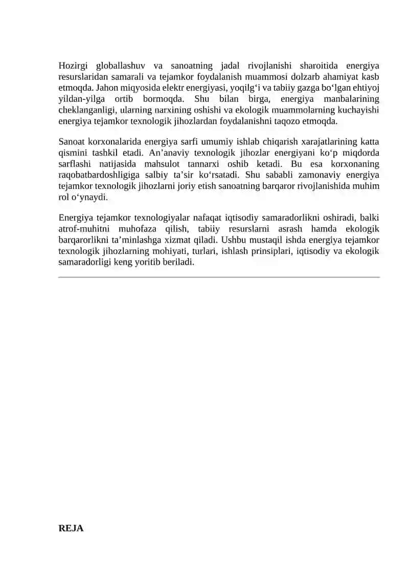 Energiya tejamkor texnalogik jihozlardan foydalanishning samaradorligi 2