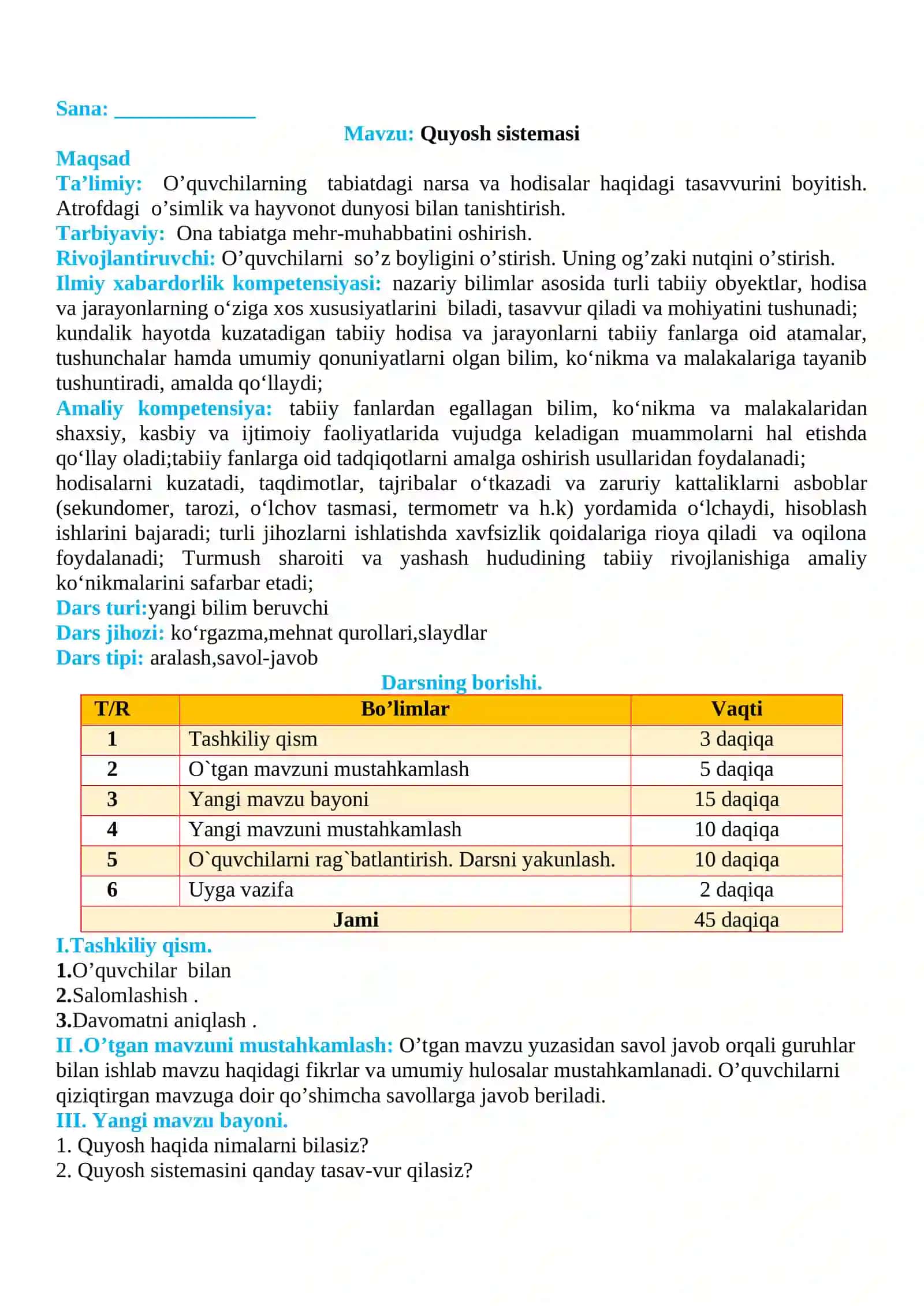 3-sinf Tabiiy fan (Science) Quyosh sistemasi mavzusida dars ishlanma 2