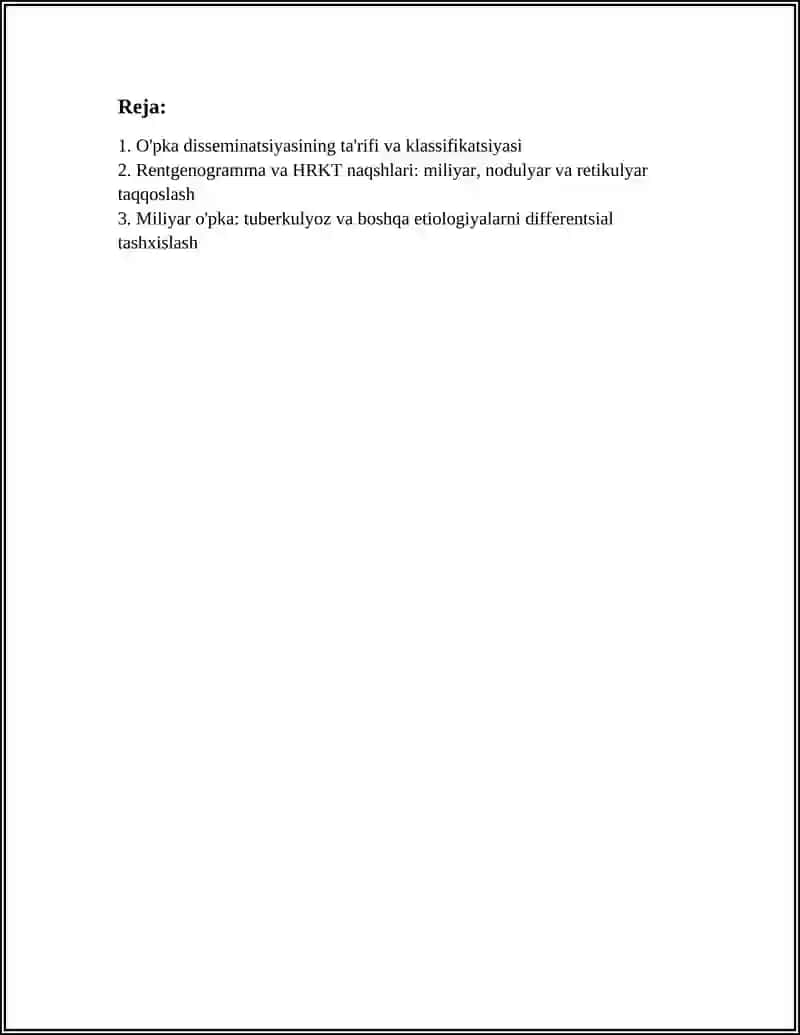 MUSTAQIL ISH Mavzu: O'PKA DISSEMINATSIYASINI QIYOSIY TASHHISLASH 2