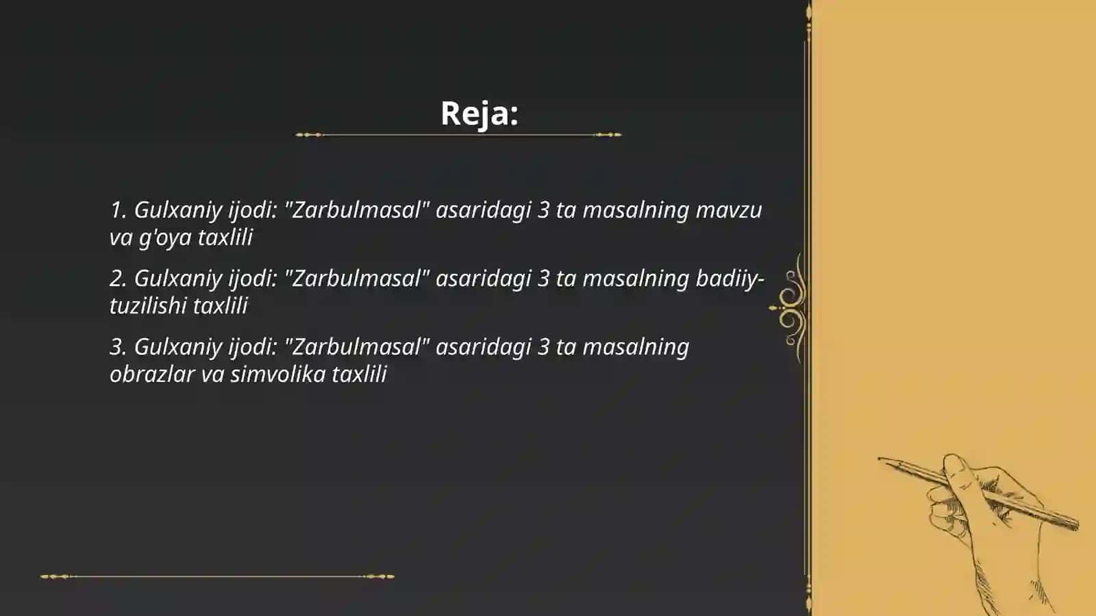 Gulxaniy ijodi va "zarbulmasal" asaridagi 3 ta masal taxlili 2
