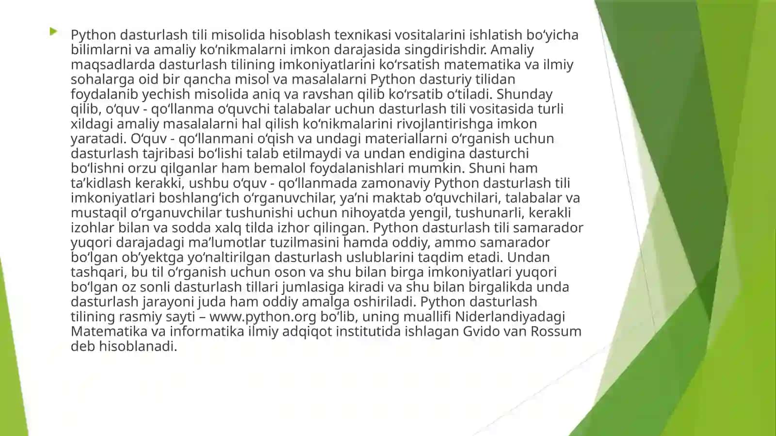 Pythondasturlashtilimisolidahisoblashtexnikasivositalariniishlatishbo‘yichabilimlarnivaamaliyko‘nikmalarniimkondarajasidasingdirish 2