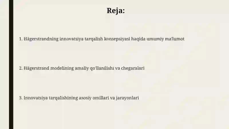 Hägerstrandning innovatsiyalarning tarqalishi konsepsiyasini tahlil qilish 2