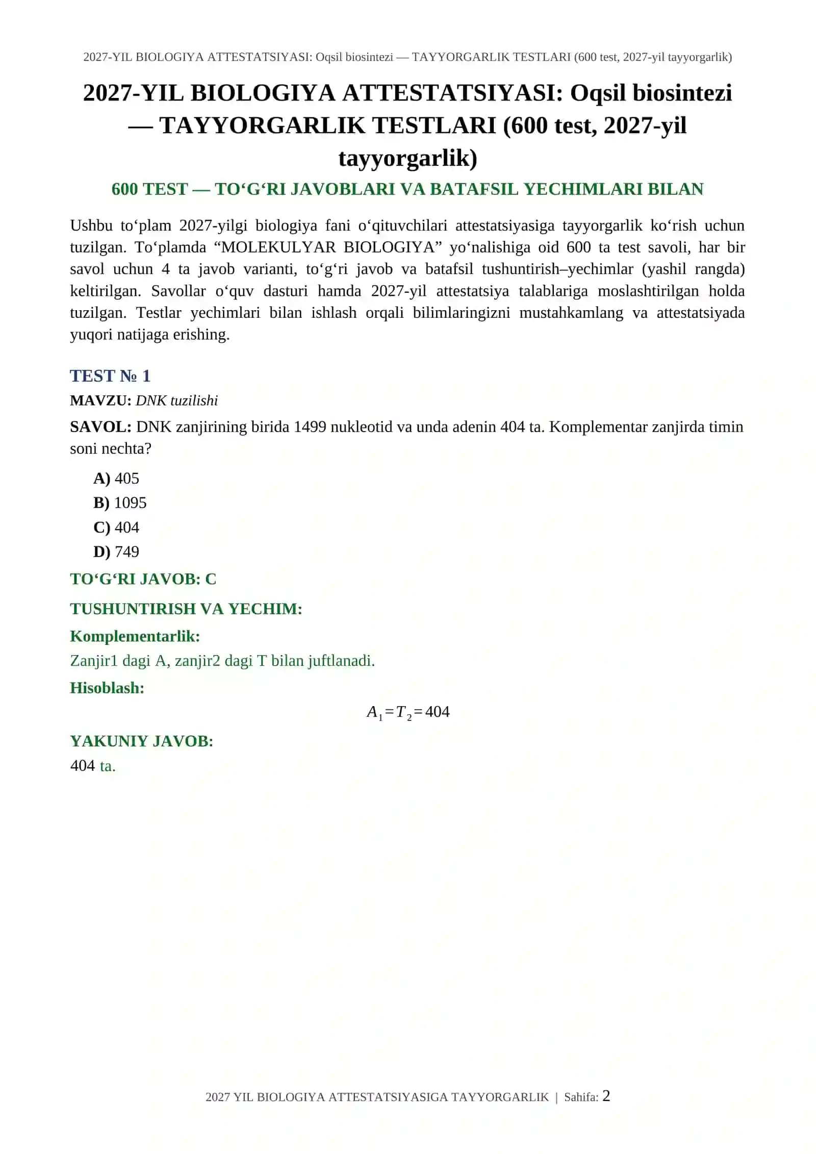 2027-YIL BIOLOGIYA ATTESTATSIYASI: Oqsil biosintezi — TAYYORGARLIK TESTLARI (600 test, 2027-yil tayyorgarlik) 2
