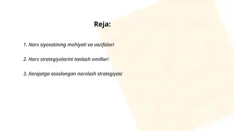 Narx siyosati va narx strategiyalari 2