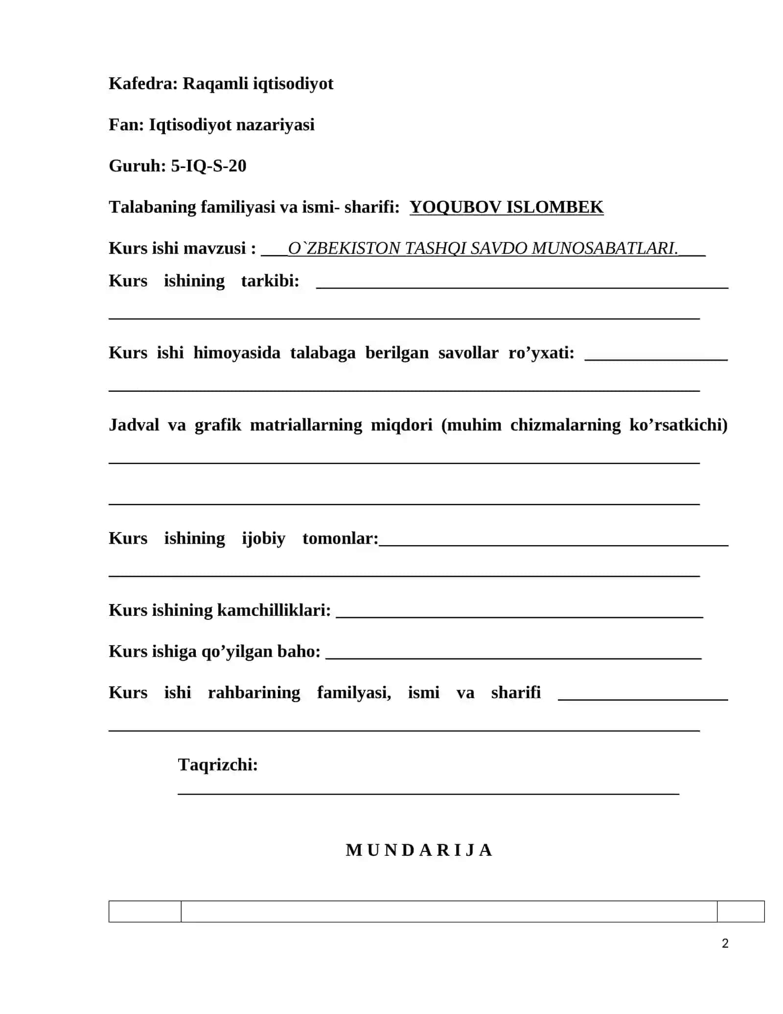 O`ZBEKISTON TASHQI SAVDO MUNOSABATLARI 2