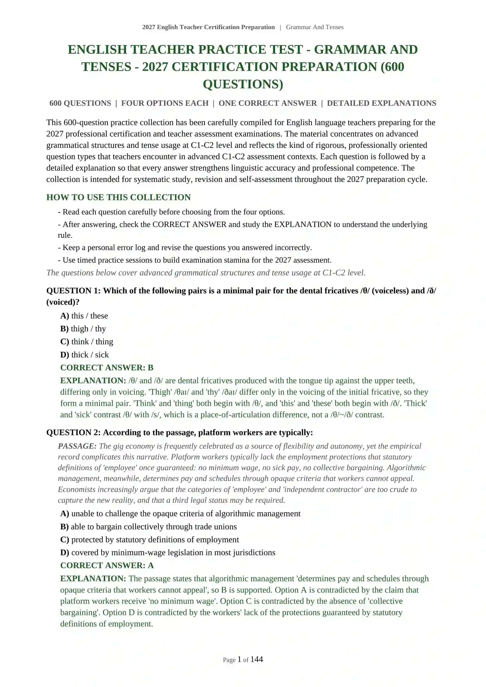 2027 English Teacher Certification Preparation | Grammar And Tenses 2