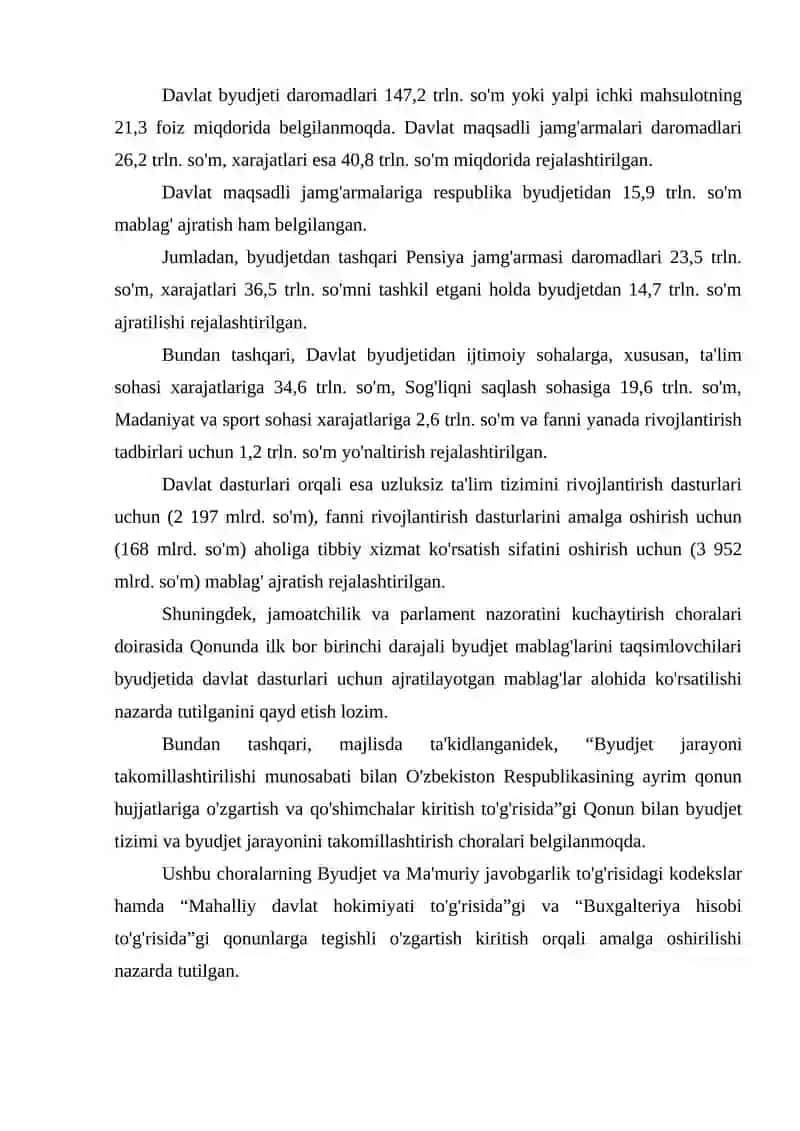 OʻZBEKISTON RESPUBLIKASINING 2021 YILDAGI ASOSIY MAKROIQTISODIY KOʻRSATKICHLARI PROGNOZI VA DAVLAT BYUDJETI PARAMETRLARI TOʻG’RISIDAGI QARORI IJROSI 2
