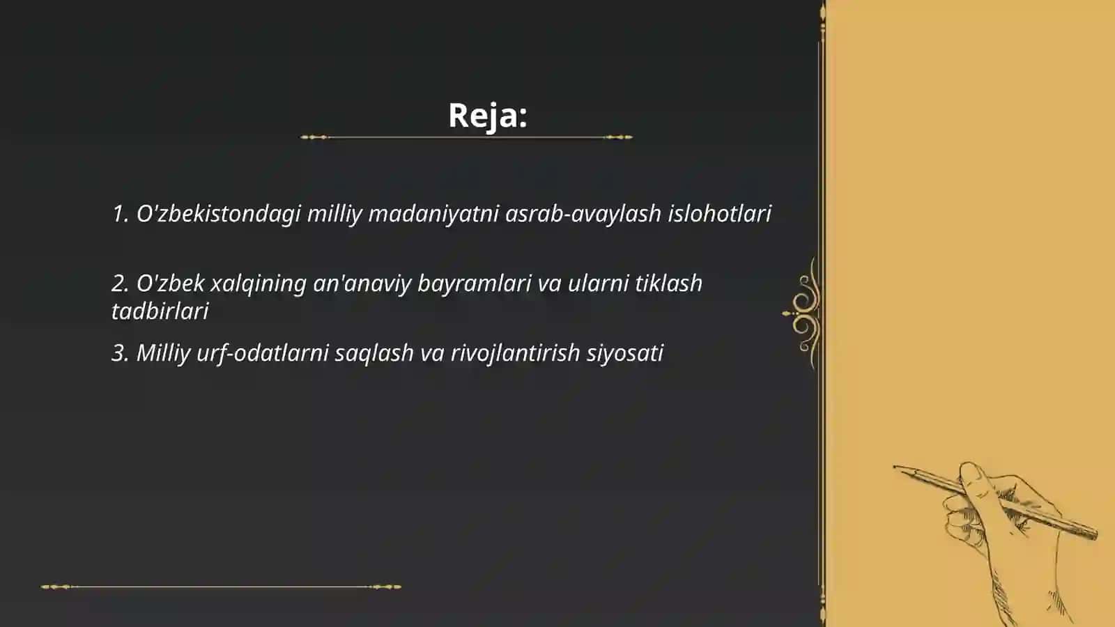 O'zbekistondagi milliy qadriyatlar VA tarixni tiklash borasidagi islohotlar 2