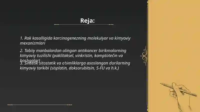 Rak kasalligi va unda qo'llaniladigan tabiiy va sintetik dori vositalarining kimyoviy tarkibi 2