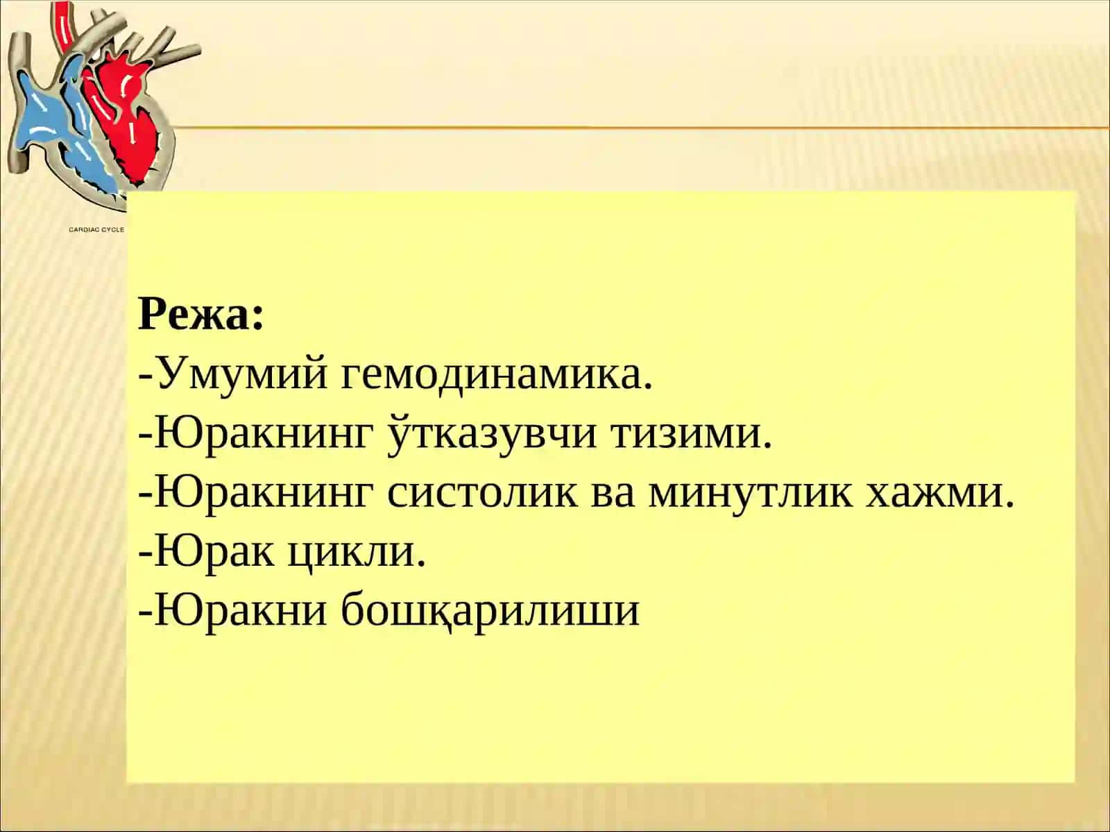 Юракнинг гемодинамик вазифаси. Юрак мускулининг асосий физиологик хоссалари. Юрак фаолиятининг бошқарилиши 2