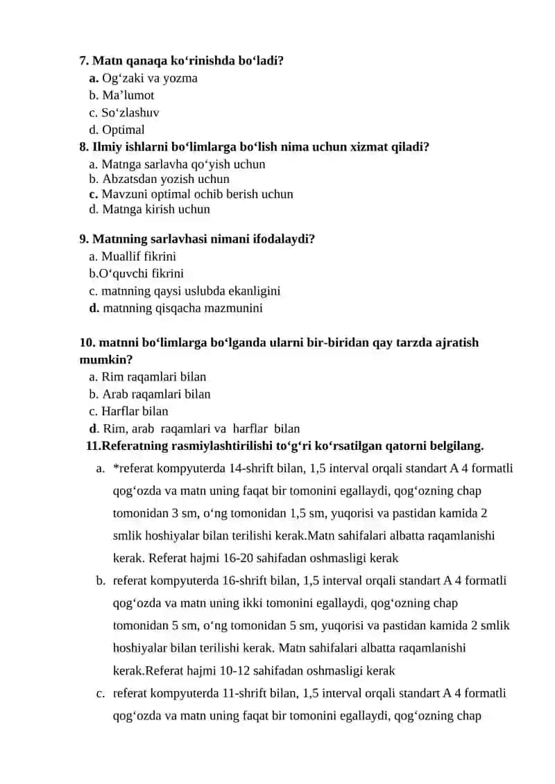 Akademik yozuv fanidan "REFERAT IKKILAMCHI MATN JANR SIFATIDA.. REFERAT TURLARI. REFERATNING TUZILISHI VA TIL KLISHELARI" mavzusida test savollari (javoblari bilan) 2