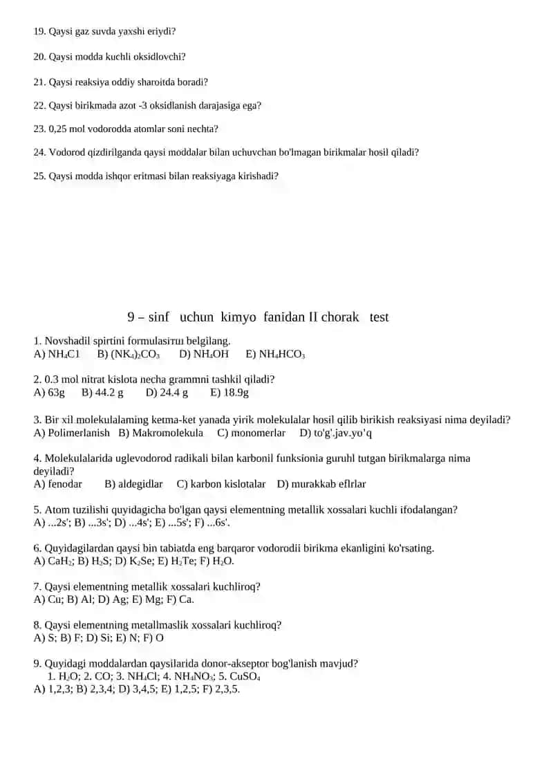 9-sinflar uchun kimyo fanidan I – chorak testi 2