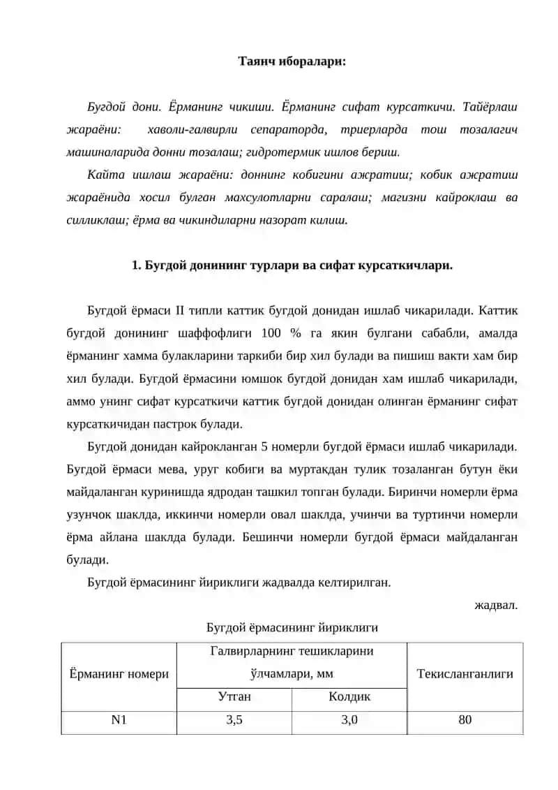 Бугдой донидан ёрма ишлаб чикариш технологияси 2