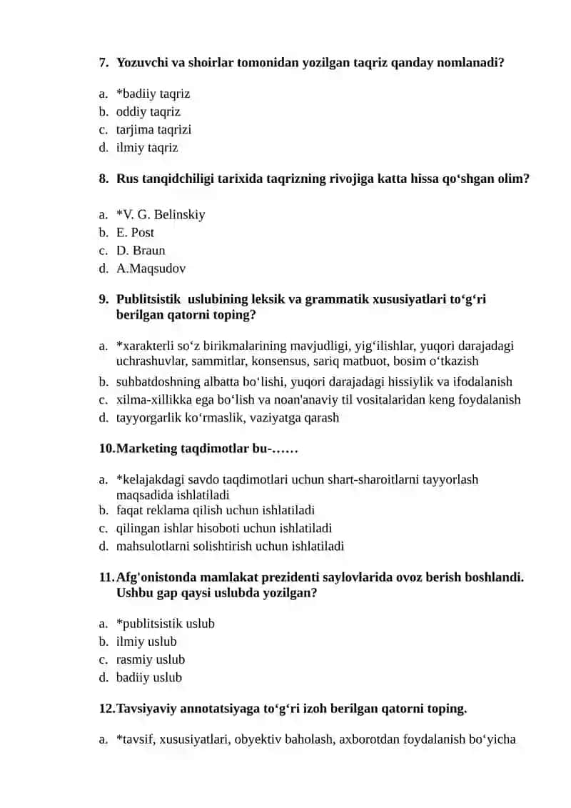 Akademik yozuv fanidan "TAQRIZ. TAQRIZ TURLARI. TAQRIZNING TUZILISHI" mavzusida test savollari (javoblari bilan) 2