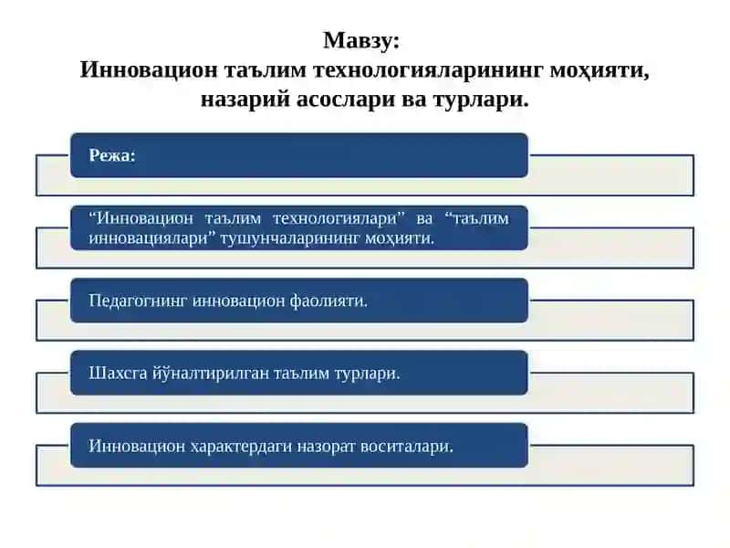 INNOVATSION TA’LIM TEXNOLOGIYALARINING MOHIYATI, NAZARIY ASOSLARI VA TURLARI 2
