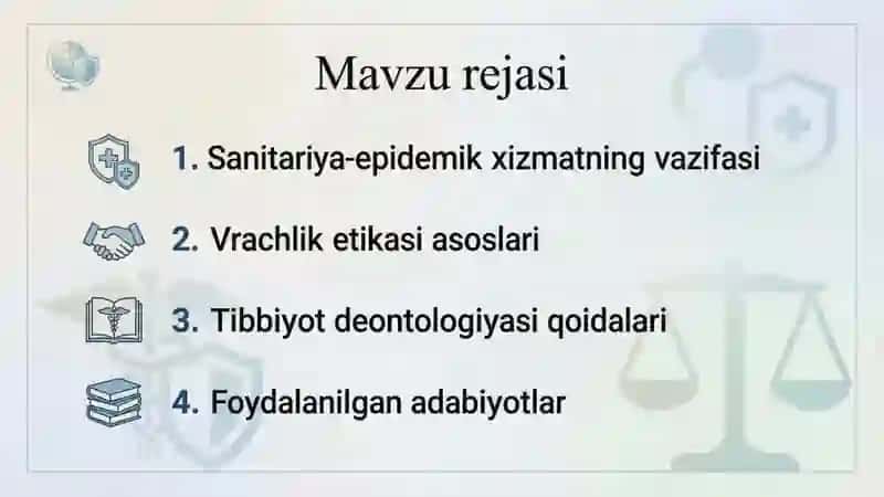 Aholiiga sanitariya va epidemiyaga qarshi xizmat ko‘rsatishni tashkil etish. Vrachlik etikasi va tib 2