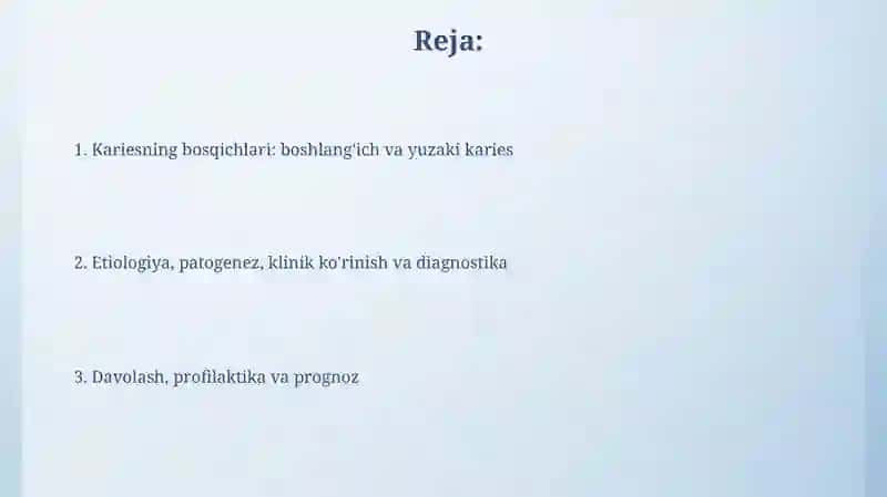 Kariyes bosqichlari. Boshlang‘ich kariyes (dog‘ bosqichidagi kariyes). Yuza kariyesi 2