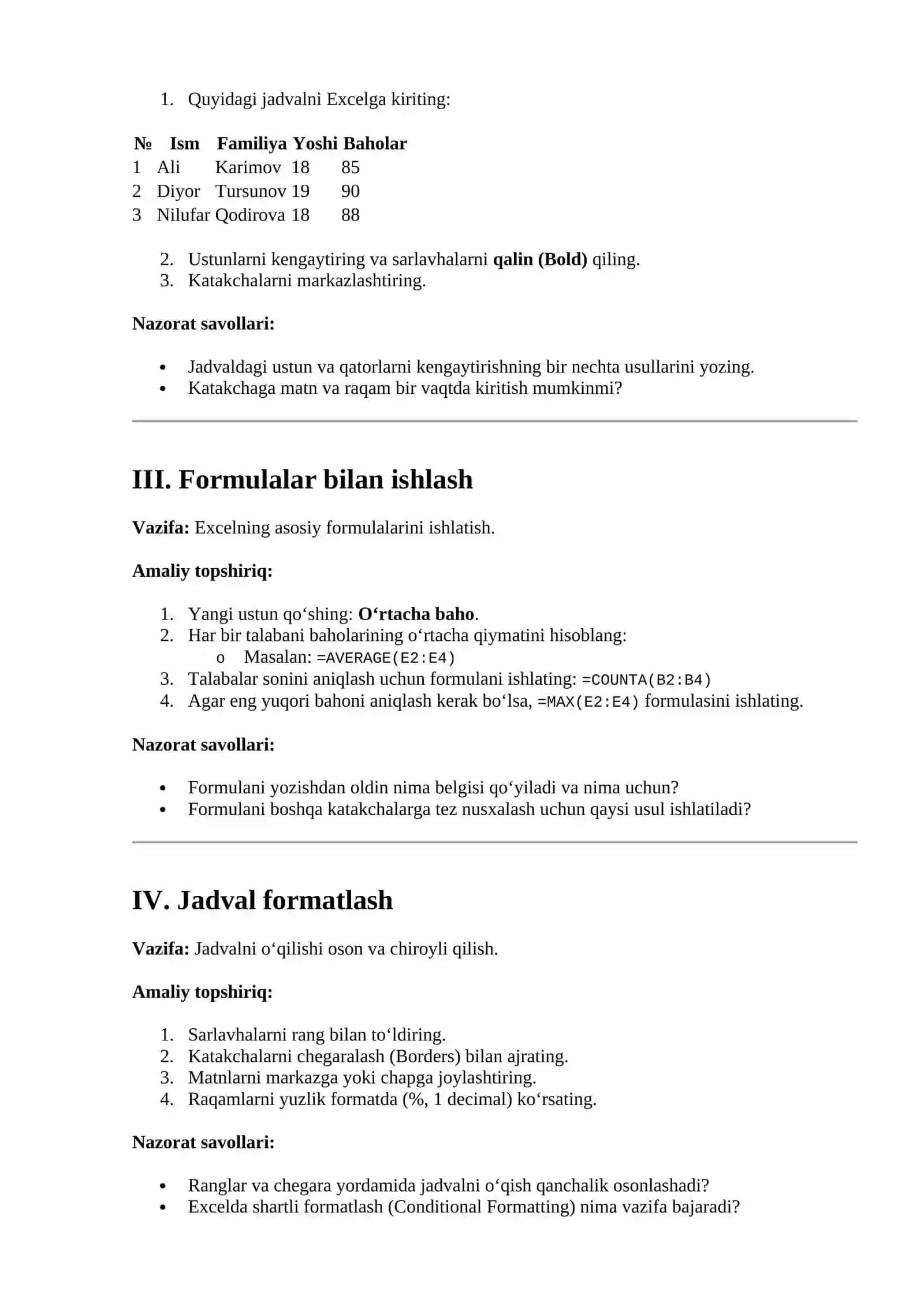 Excel elektron jadvali imkoniyatlari bilan tanishish va ishlash 2