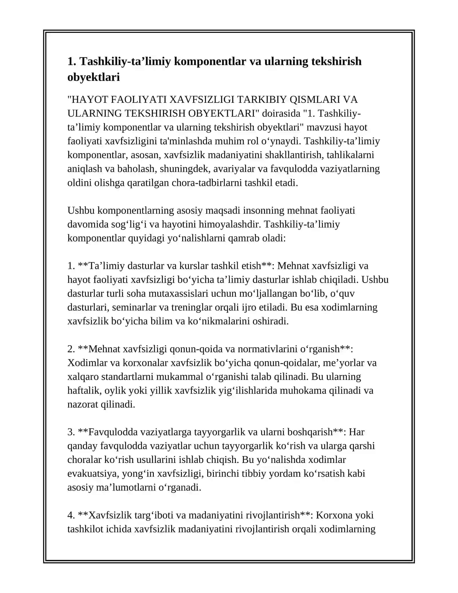 HAYOT FAOLIYATI XAVFSIZLIGI TARKIBIY QISMLARI VA ULARNING TEKSHIRISH OBYEKTLARI 2