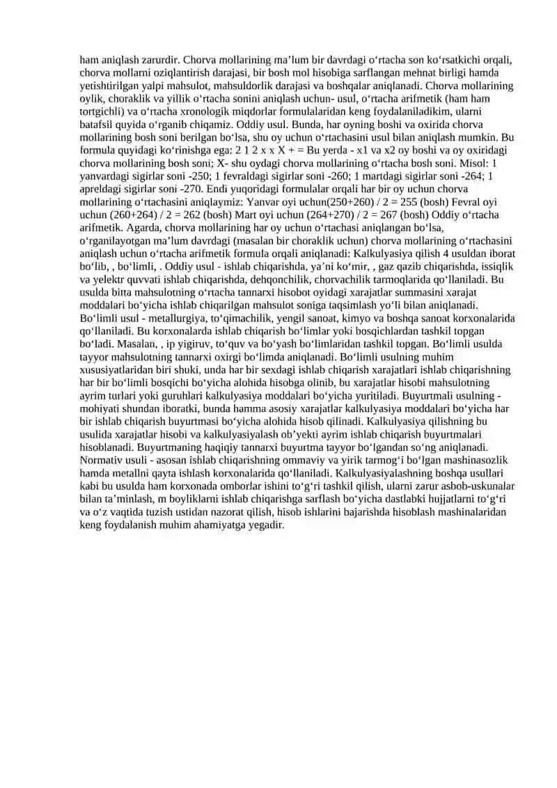 Chorvachilik ishlab chiqarish xarajatlar hisobi va mahsulot tannarxining kankuliyatsiya qilish 2