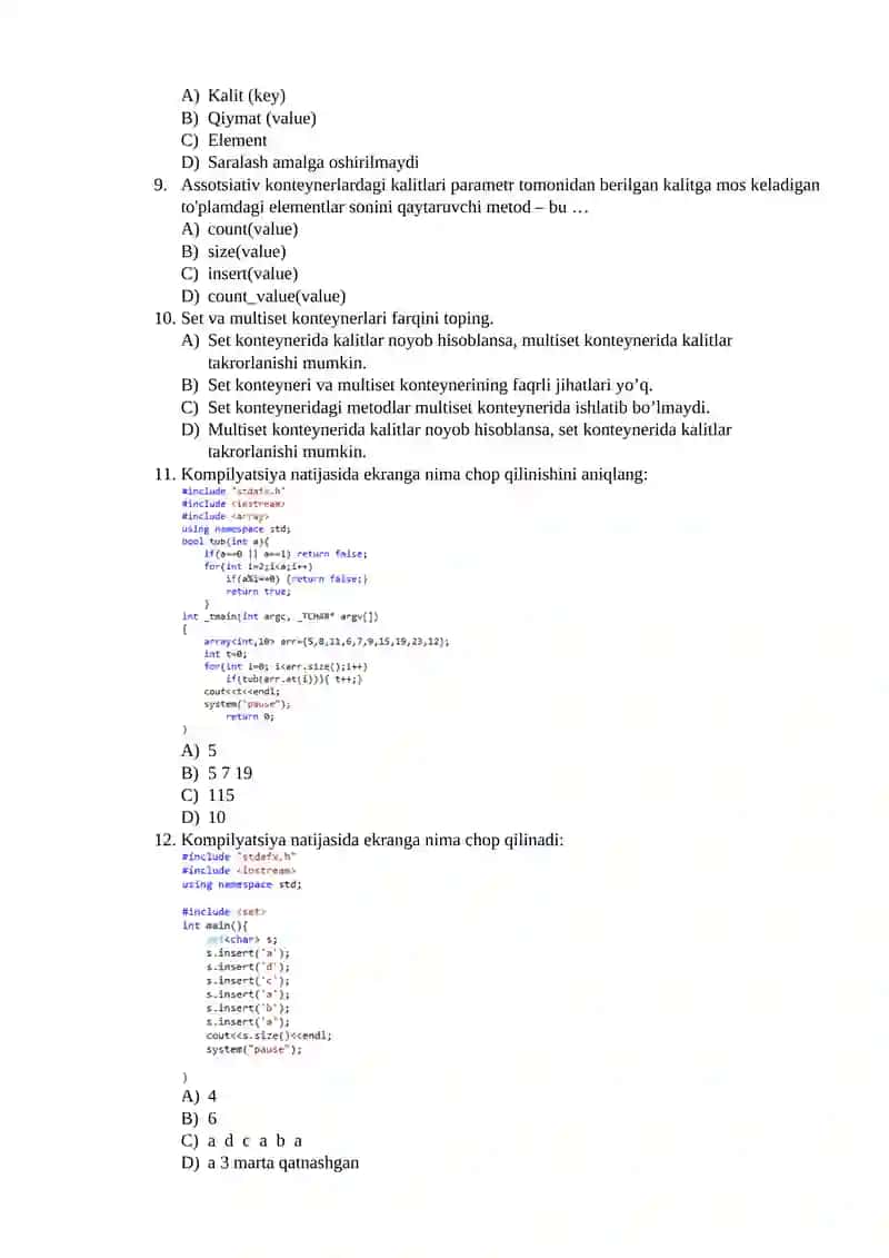Assotsiativ va tartiblanmagan assotsiativ konteynerlar(set, map, multiset, multimap, unordered_set, unordered_map, unordered_multiset, unordered_multimap) 2