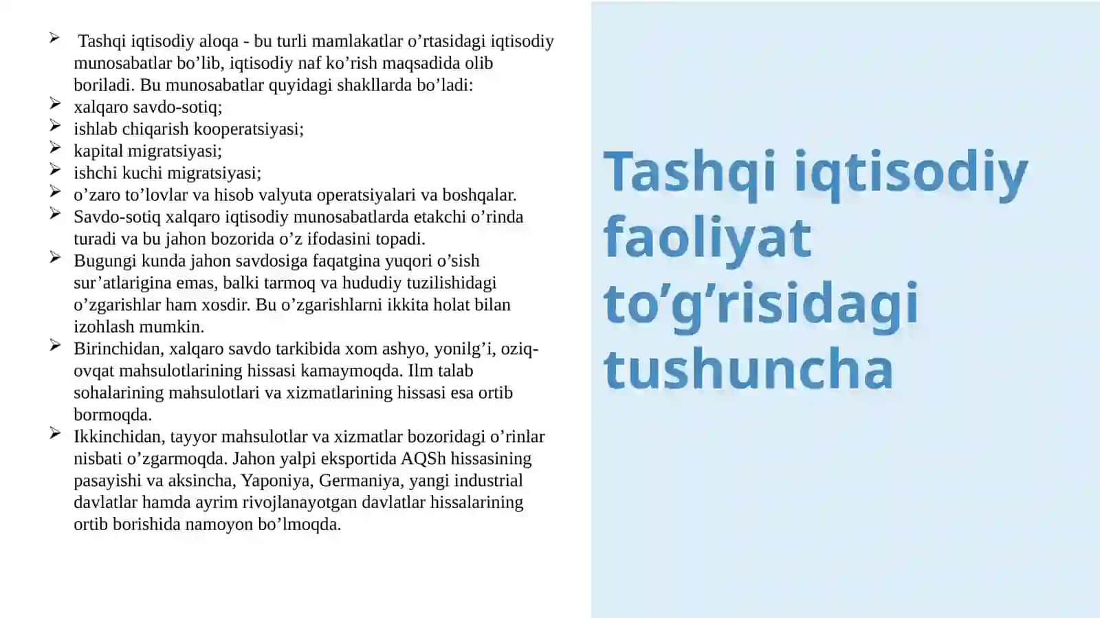 Milliy hisoblar tizimida tashqi iqtisodiy faoliyat statistikasi 2