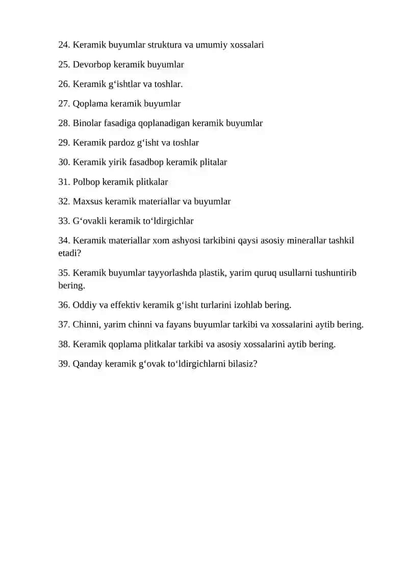 Qurilish materiallari va buyumlari fanidan oraliq nazorati savollari 2