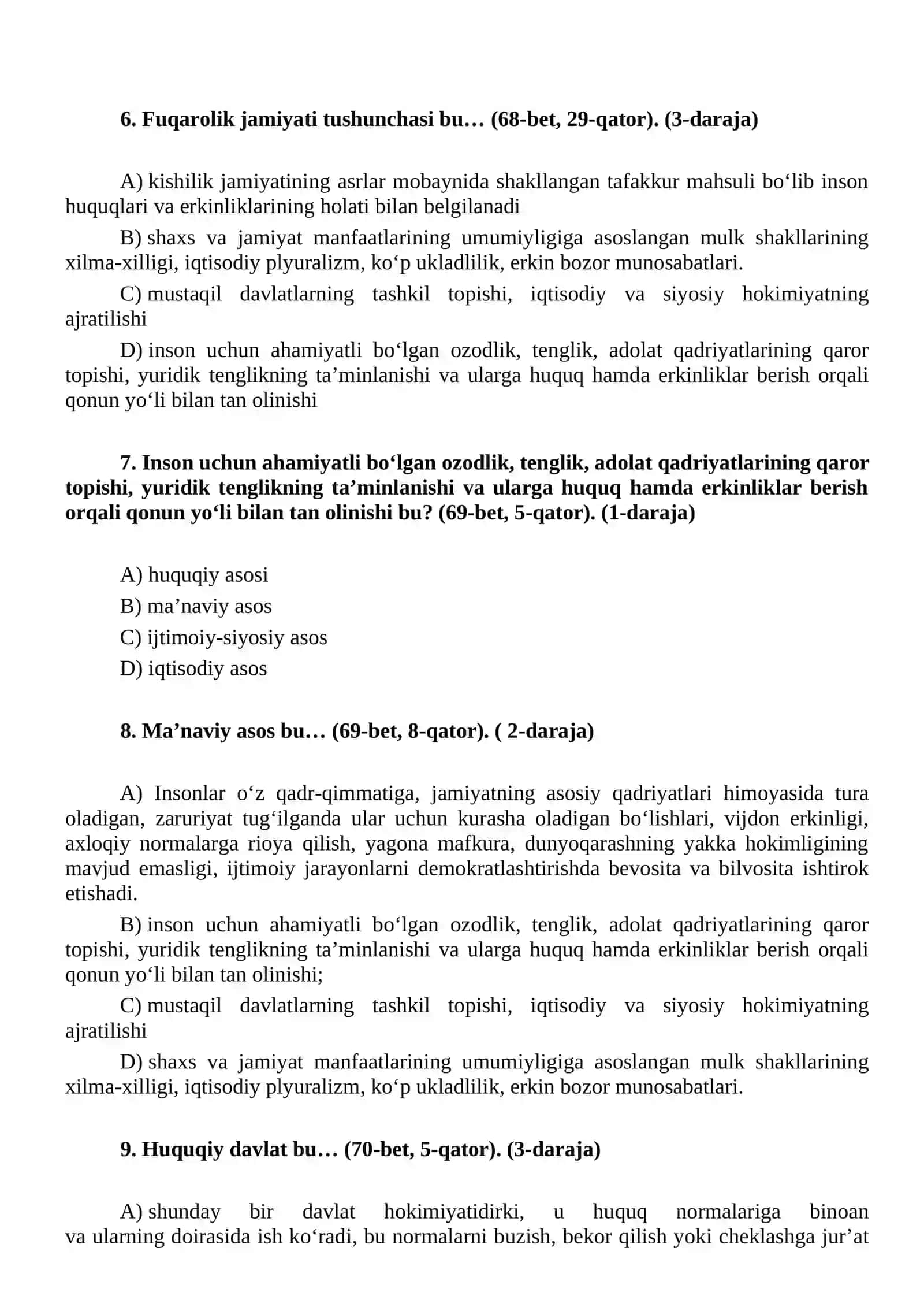 O’zbekistonning eng yangi tarixi fanidan test savollari 2
