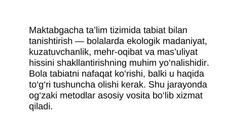 Maktabgacha yoshdagi bolalarni tabiat bilan tanishtirishda og’zaki metoddanfoydalanish 2