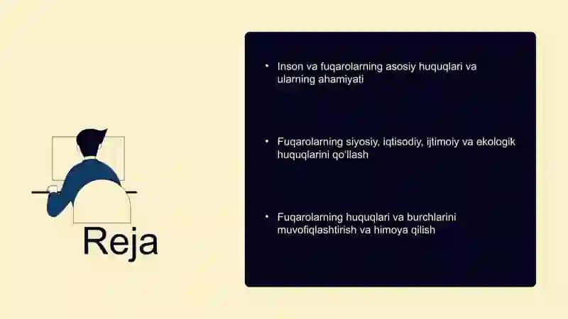Inson va fuqarolarning asosiy huquqlari va ularning ahamiyati Inson va fuqarolarning siyosiy iqtisodiy ijtimoiy madaniyat va ekologik huquqlari. Fuqarolarning burchlari 2