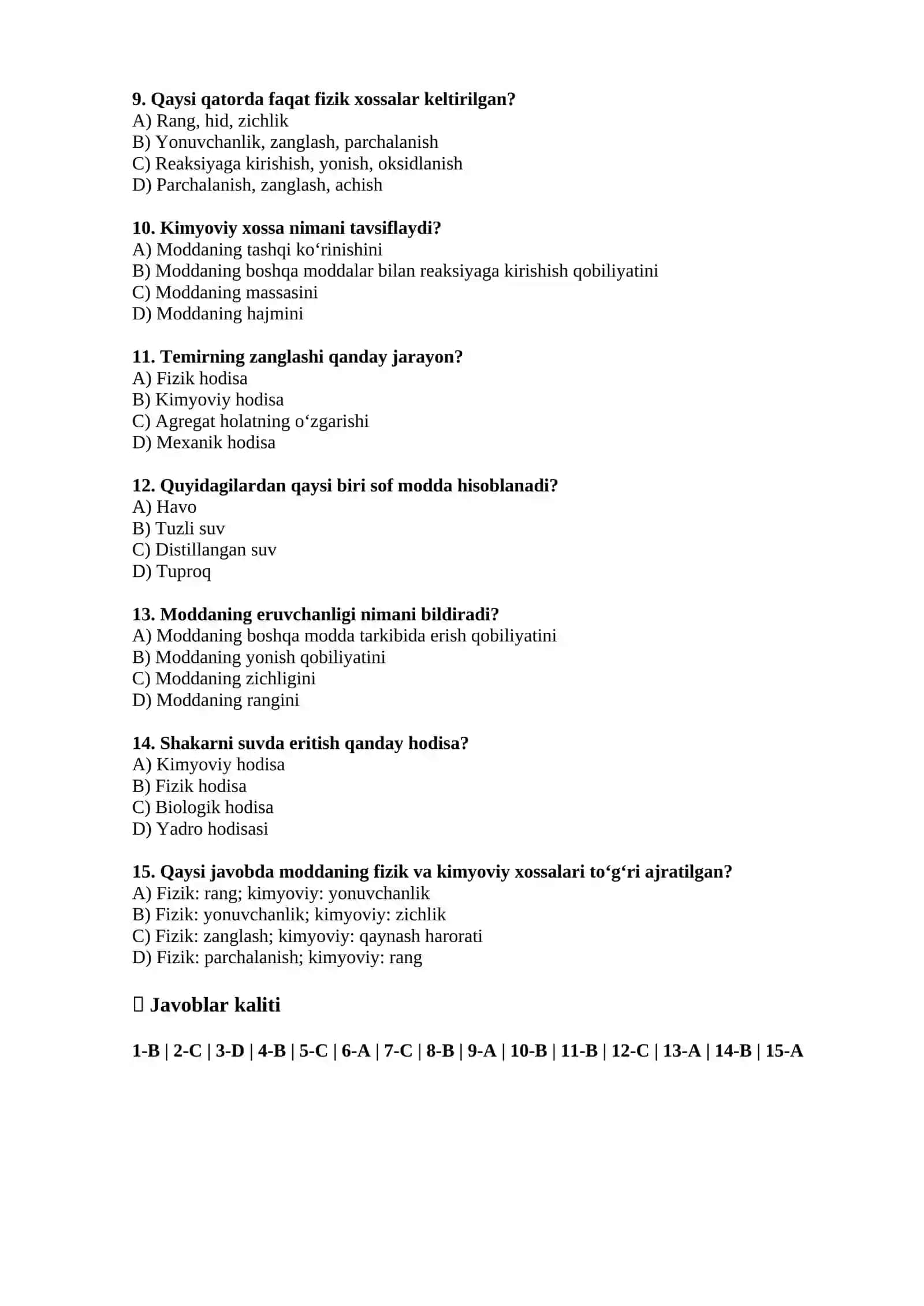 Modda va uning xossalari - 15 ta test 2
