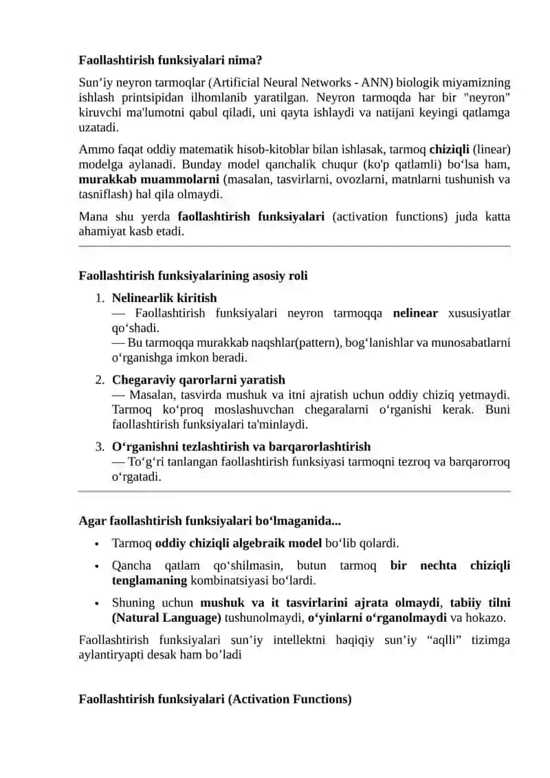 : Faollashtirish funksiyalari. ReLU funksiyasi. Softmax funksiyasi 2