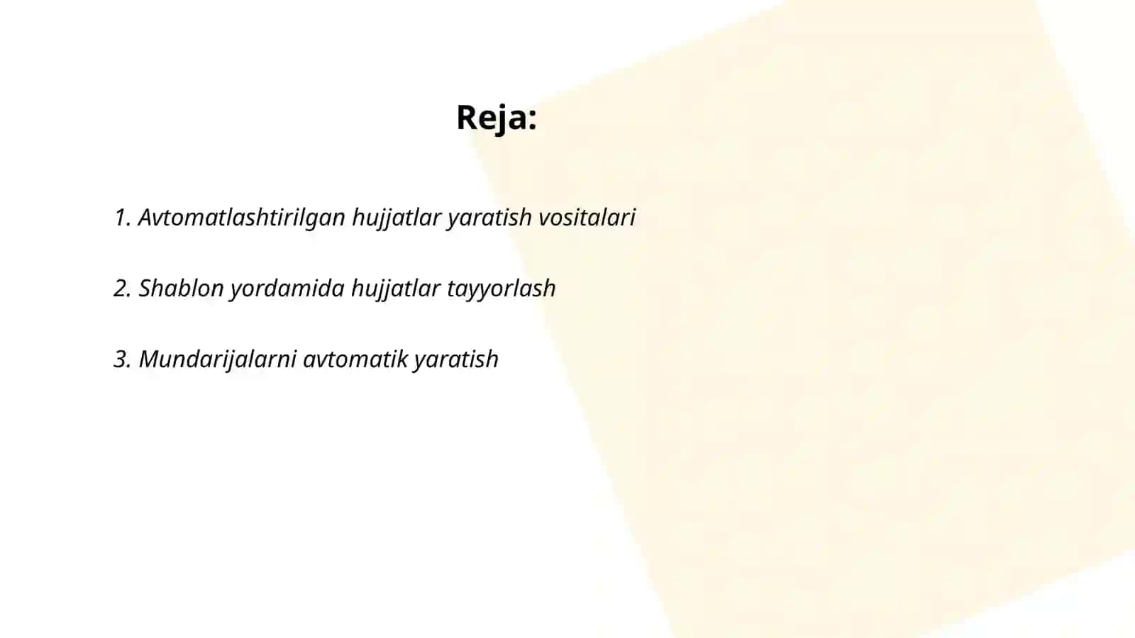 Avtomatlashtirilgan vositalar va shablonlar Mundarijalar kolontitullar koʻchirmlar va giperbola ishlarni shakllantirish 2