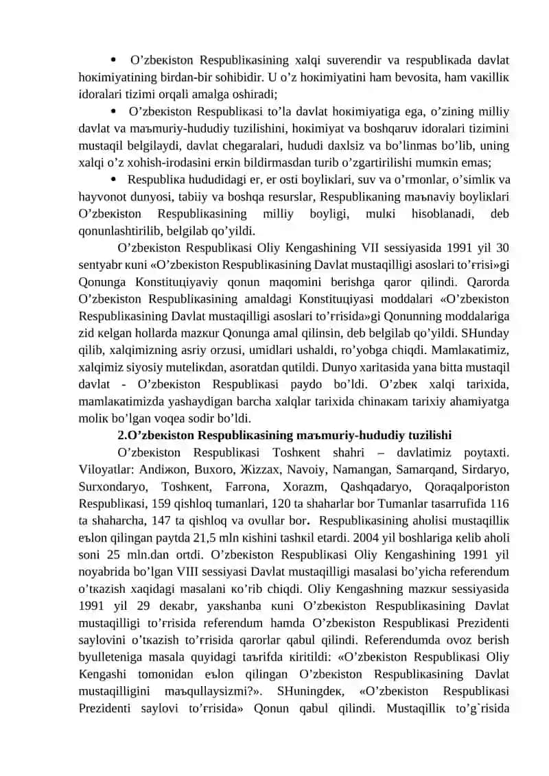 MUSTАQIL O’ZBEKISTОN RESPUBLIKАSINING TАSHKIL TОPISHI TАRIХIY АHАMIYATI. O’ZBEKISTONNING O’ZIGА ХOS ISTIQLOL VА TАRАQQIYOT YO’LI 2