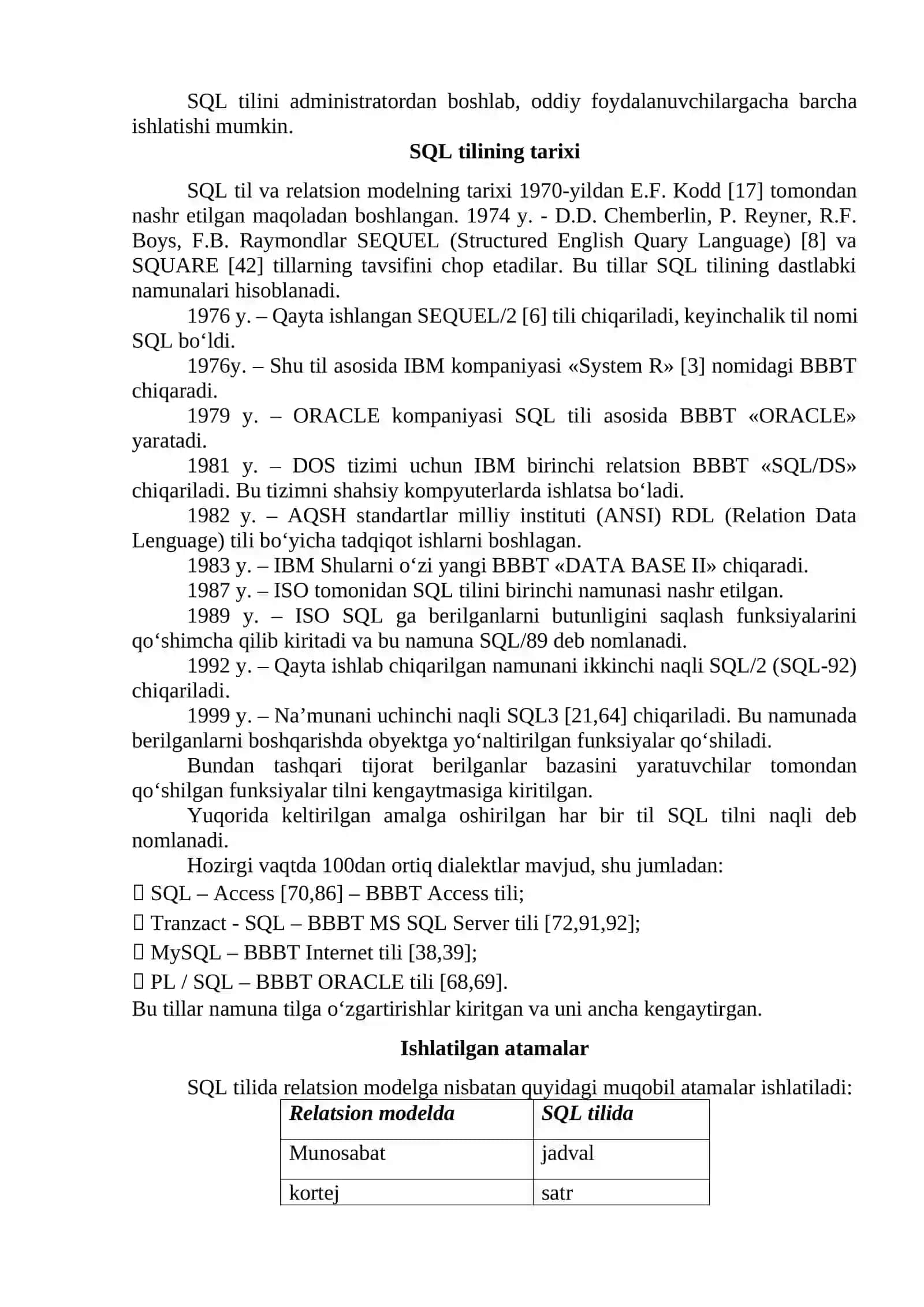 SQL SO`ROVLAR TILI. MS SQL SERVER DASTURI 2