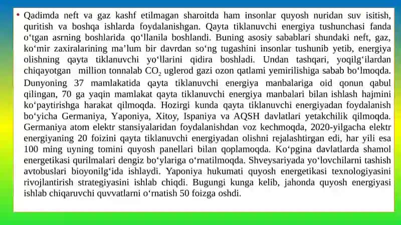 YASHIL IQTISODIYOT “DA QAYTA TIKLANUVCHI ENERGIYANING JORIY ETILISHI. 2