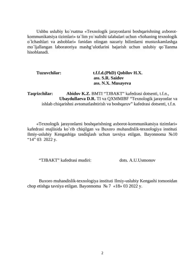 Texnologik jarayonlarni boshqarishning axborot-kommunikatsiya tizimlari 2