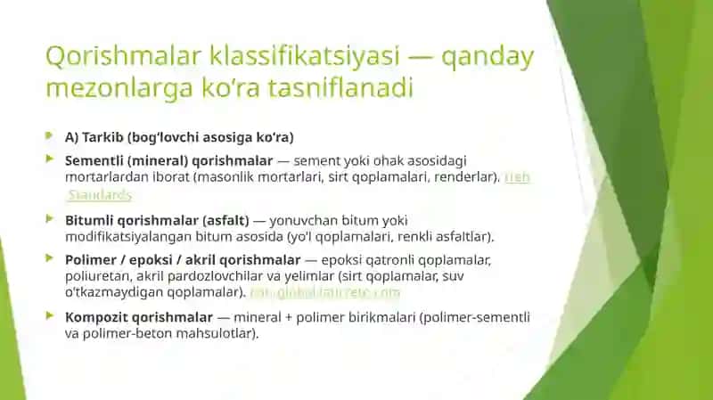 Qurilish qorishmalari klassifikatsiyasi. Qorishmalar ishlab chiqarishda yaxshil iqtisodiyot muammolari. 2